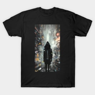 Extra Dimensional Hooded Figure In City T-Shirt